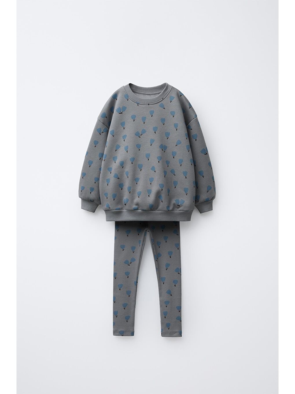 Karışık Kız Çocuk Pamuklu Gri Çiçek Desenli Sweatshirt Ve Tayt Takım - Rahat Günlük Takım