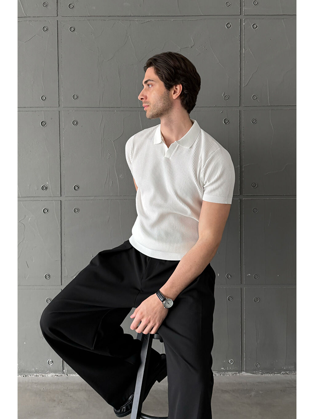 Beyaz Erkek Petek Desen Polo Yaka Triko T-shirt-2