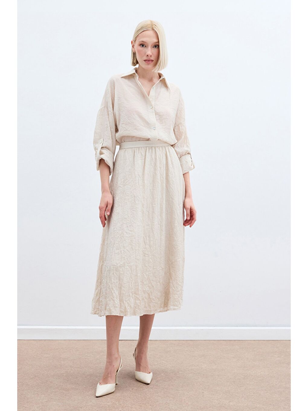 Kraşlı Kloş  Etek - Bej-4