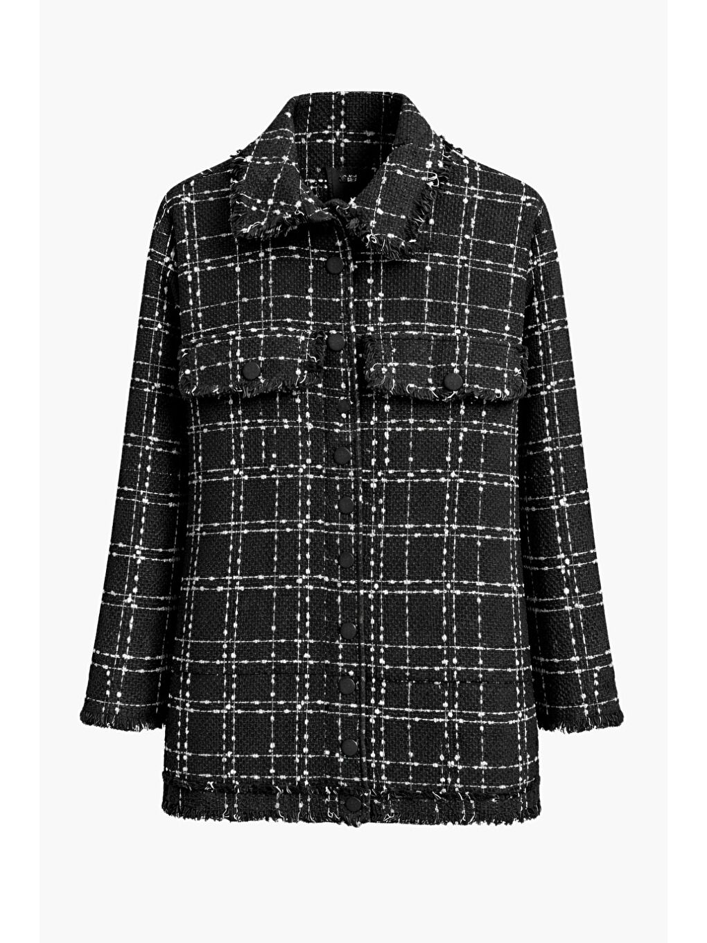 Mix Siyah Beyaz Tüvit Dokuma Çıtçıtlı Uzun Ceket-4