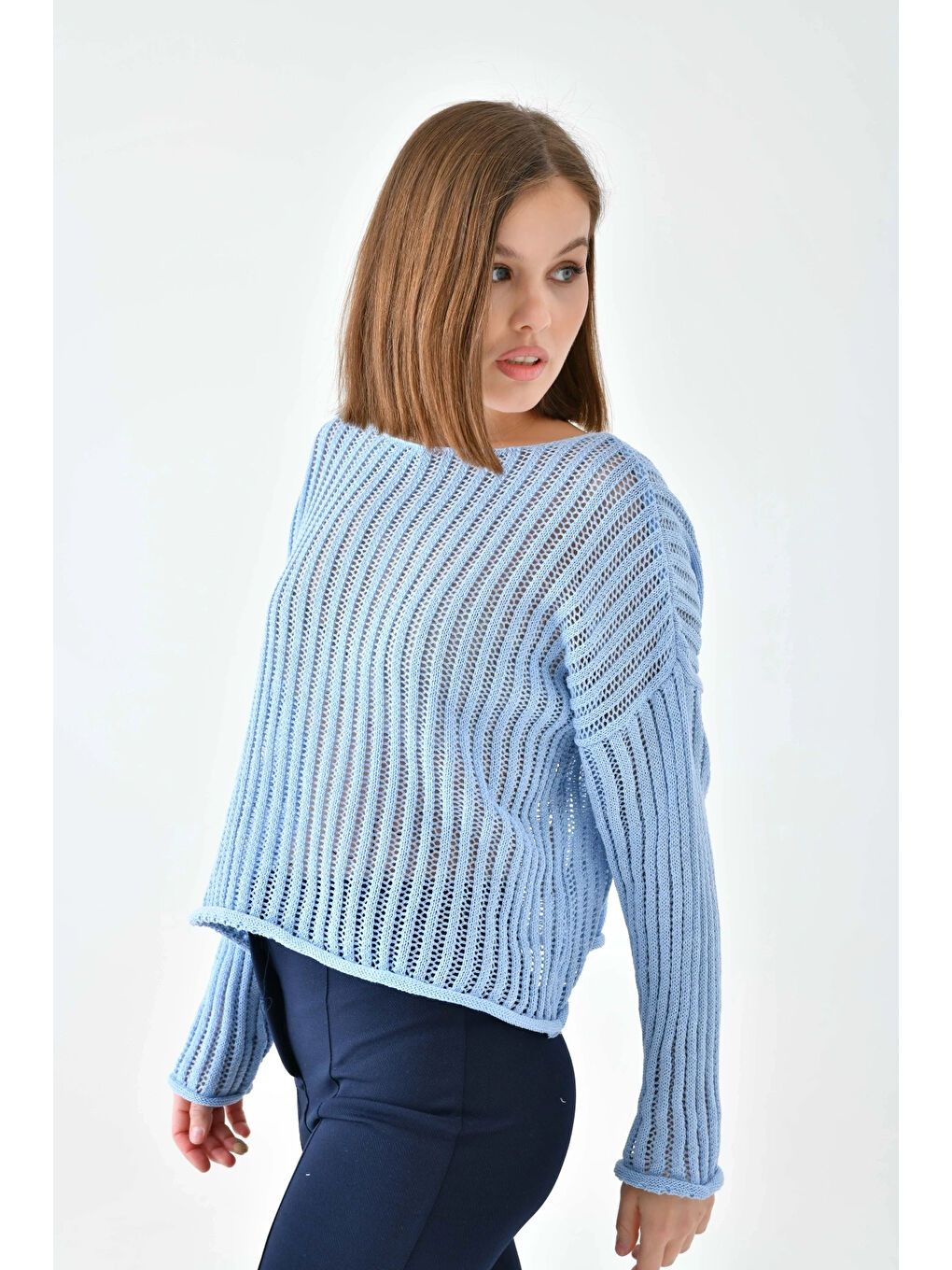 Mavi Kadın Geniş Yaka Örgü Detay Oversize Triko Kazak-1