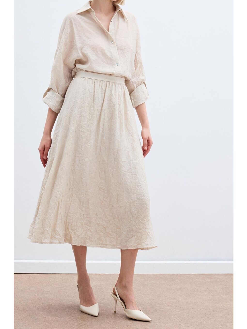 Kraşlı Kloş  Etek - Bej-5