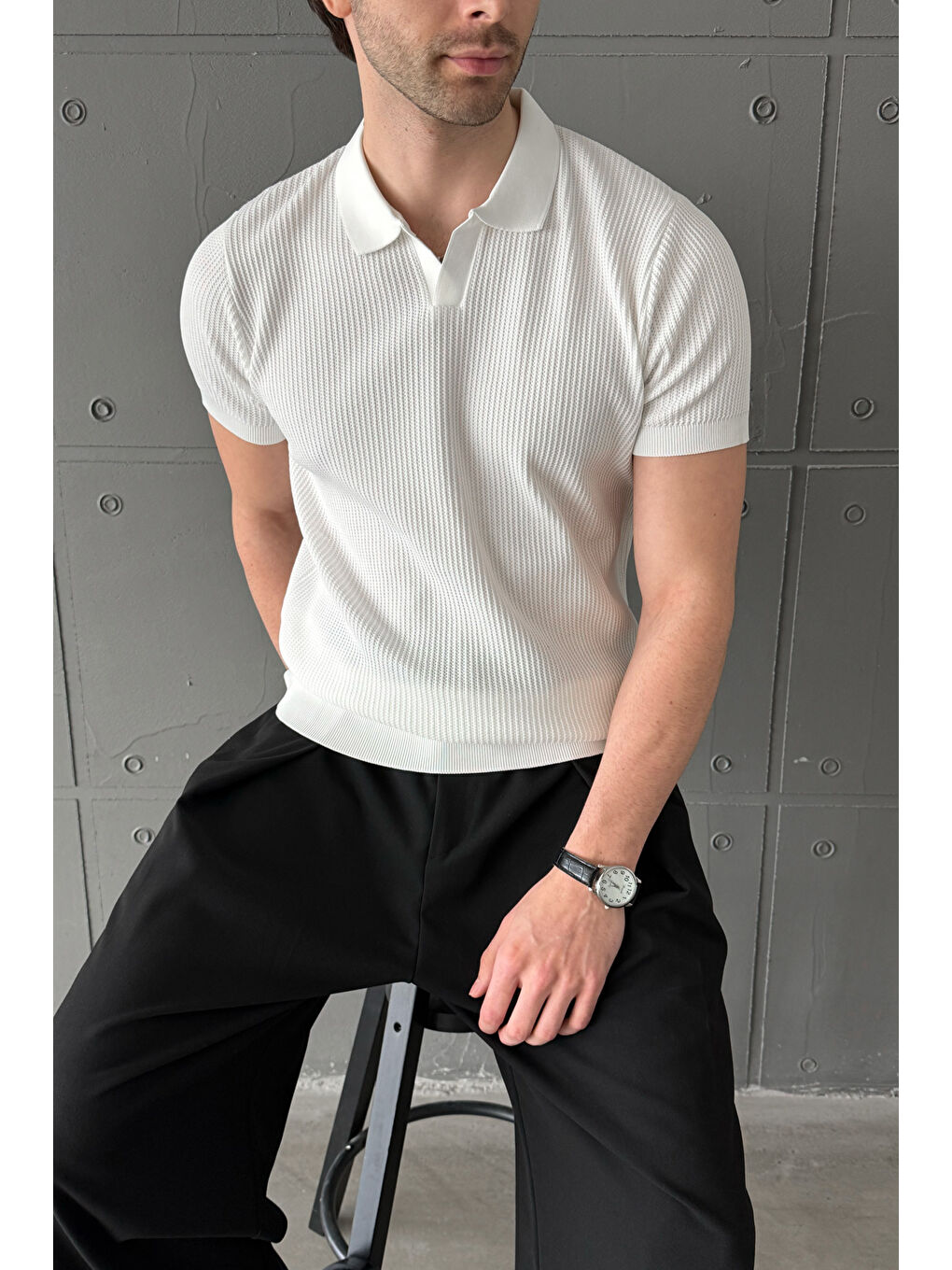 Beyaz Erkek Petek Desen Polo Yaka Triko T-shirt-3