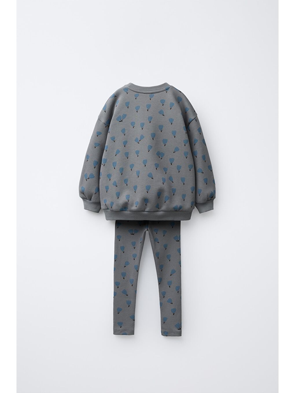 Karışık Kız Çocuk Pamuklu Gri Çiçek Desenli Sweatshirt Ve Tayt Takım - Rahat Günlük Takım-1