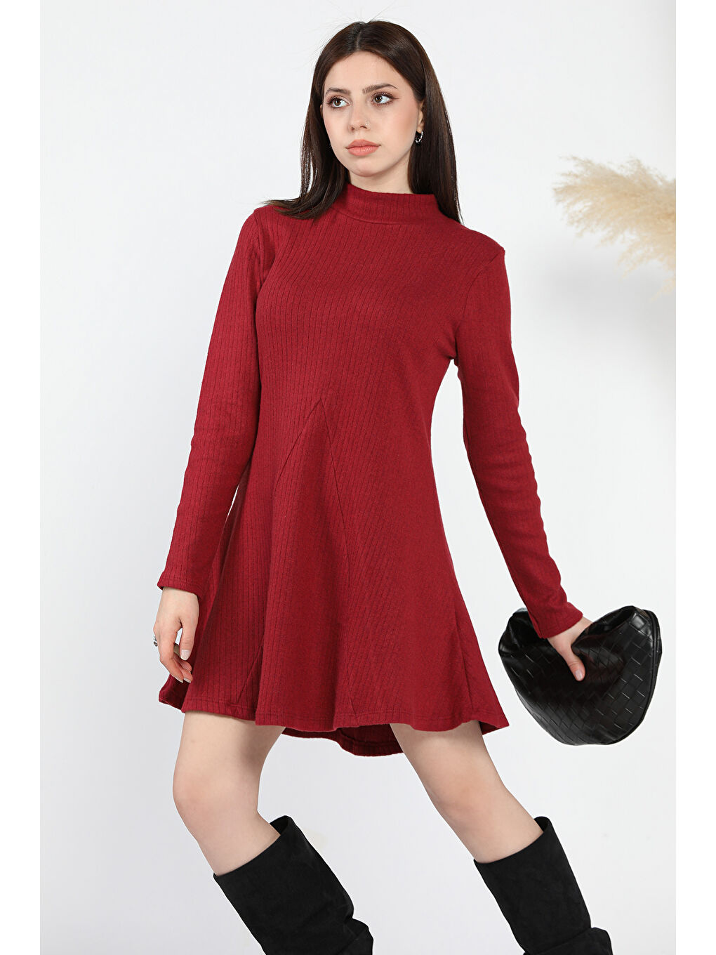 Bordo Yarım Balıkçı Yaka Kadın Fitilli Mini Elbise-2