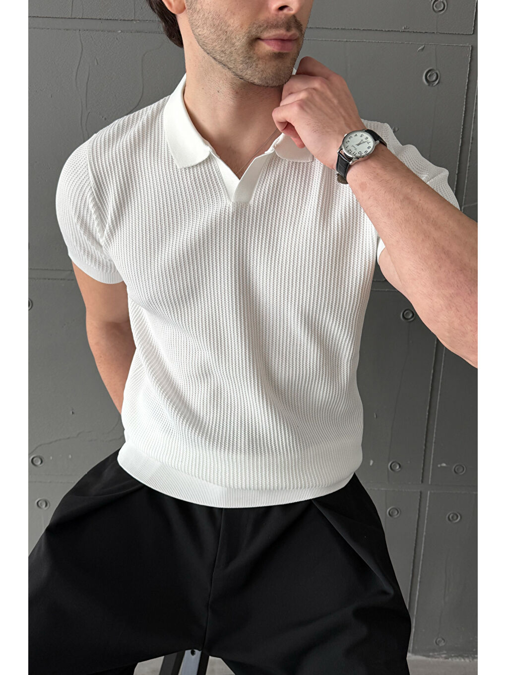 Beyaz Erkek Petek Desen Polo Yaka Triko T-shirt-4