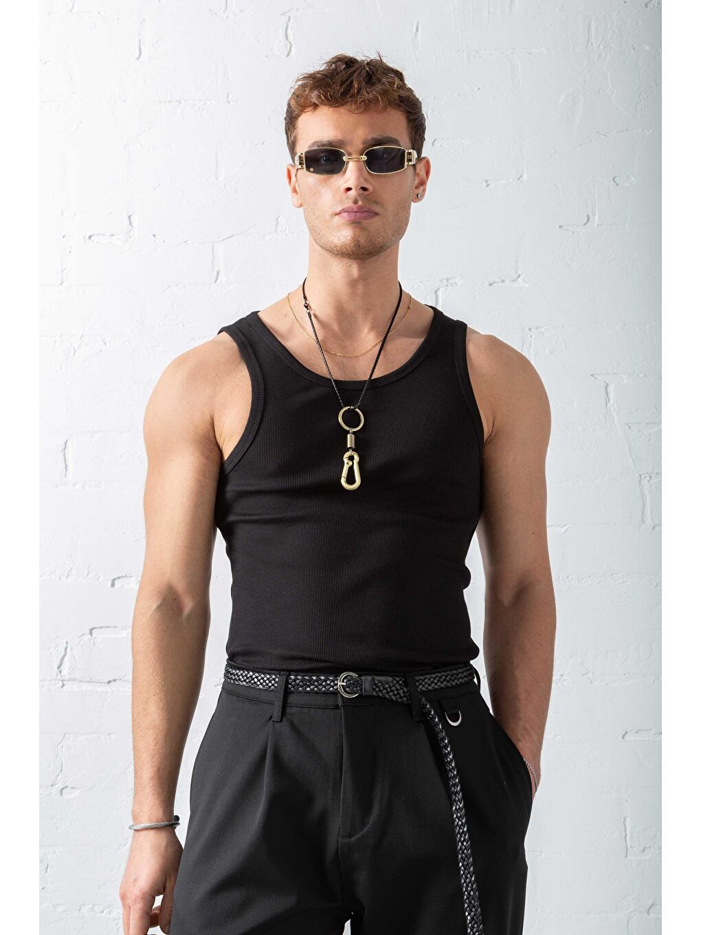 Erkek Fitilli Dar Kalıp Kolsuz Tişört Siyah-1