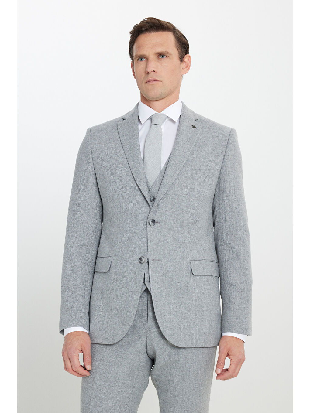 Erkek Gri Yünlü Slim Fit Dar Kesim Mono Yaka Diagonal Desenli Kapak Cepli Yelekli Takım Elbise