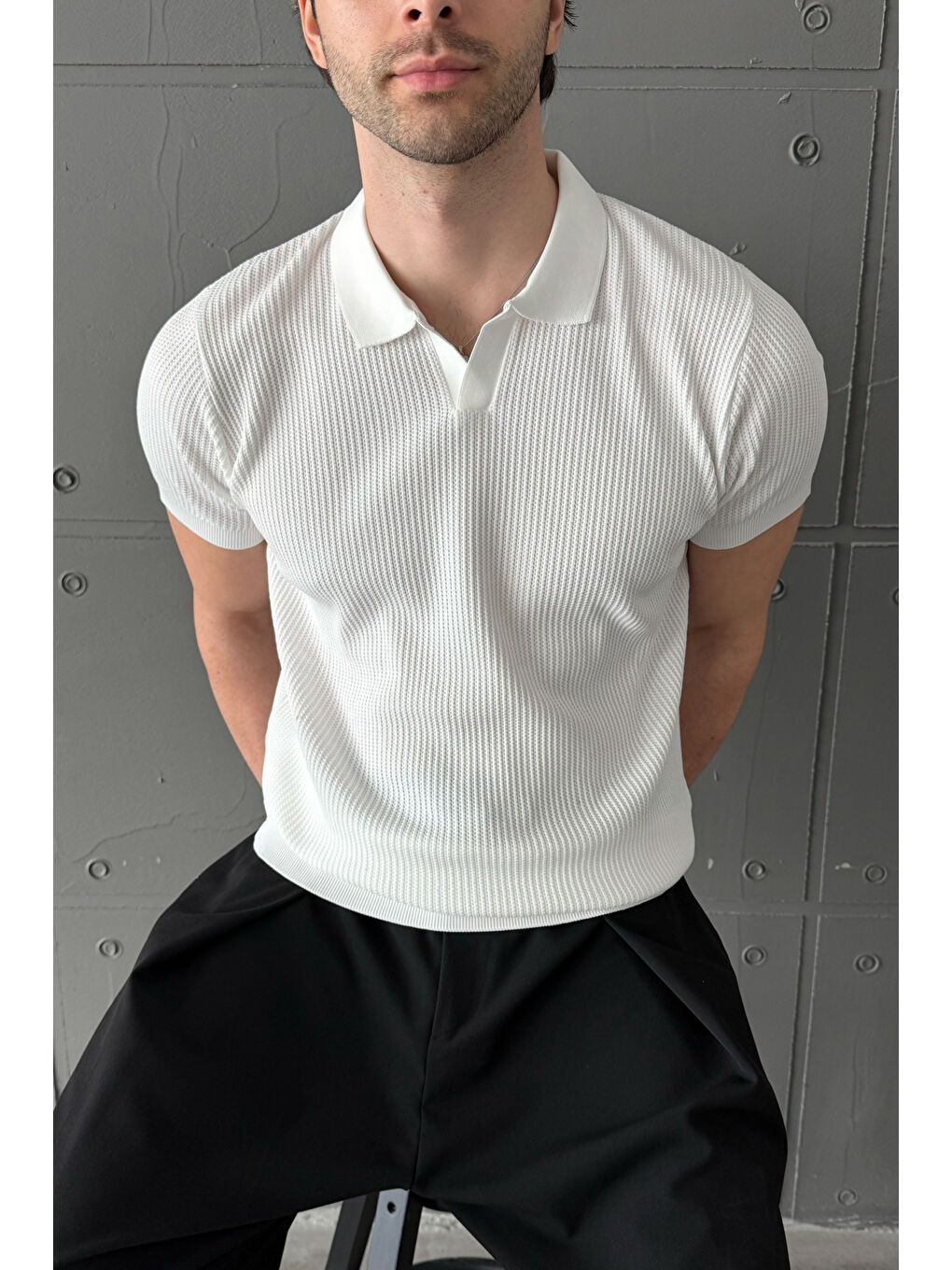 Beyaz Erkek Petek Desen Polo Yaka Triko T-shirt-5