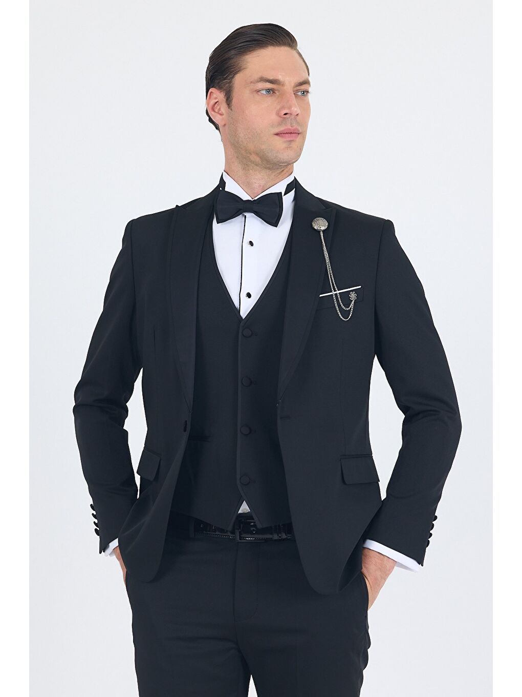 Siyah Kılıç Yaka Tek Düğme Slim Fit Yelekli Ceremony Takım Elbise 1001250200-1