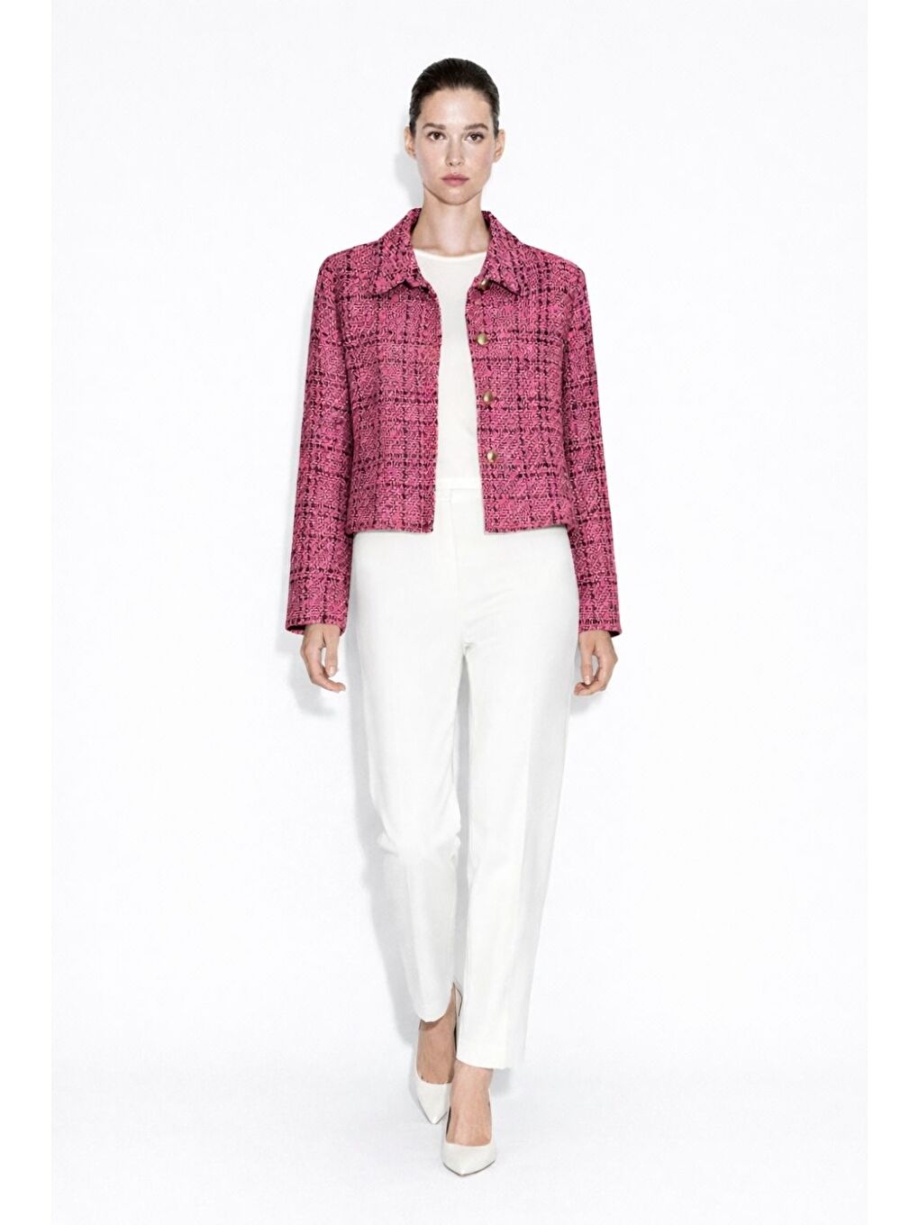 Siyah Fuşya Tüvit Dokuma Gold Düğmeli Ceket