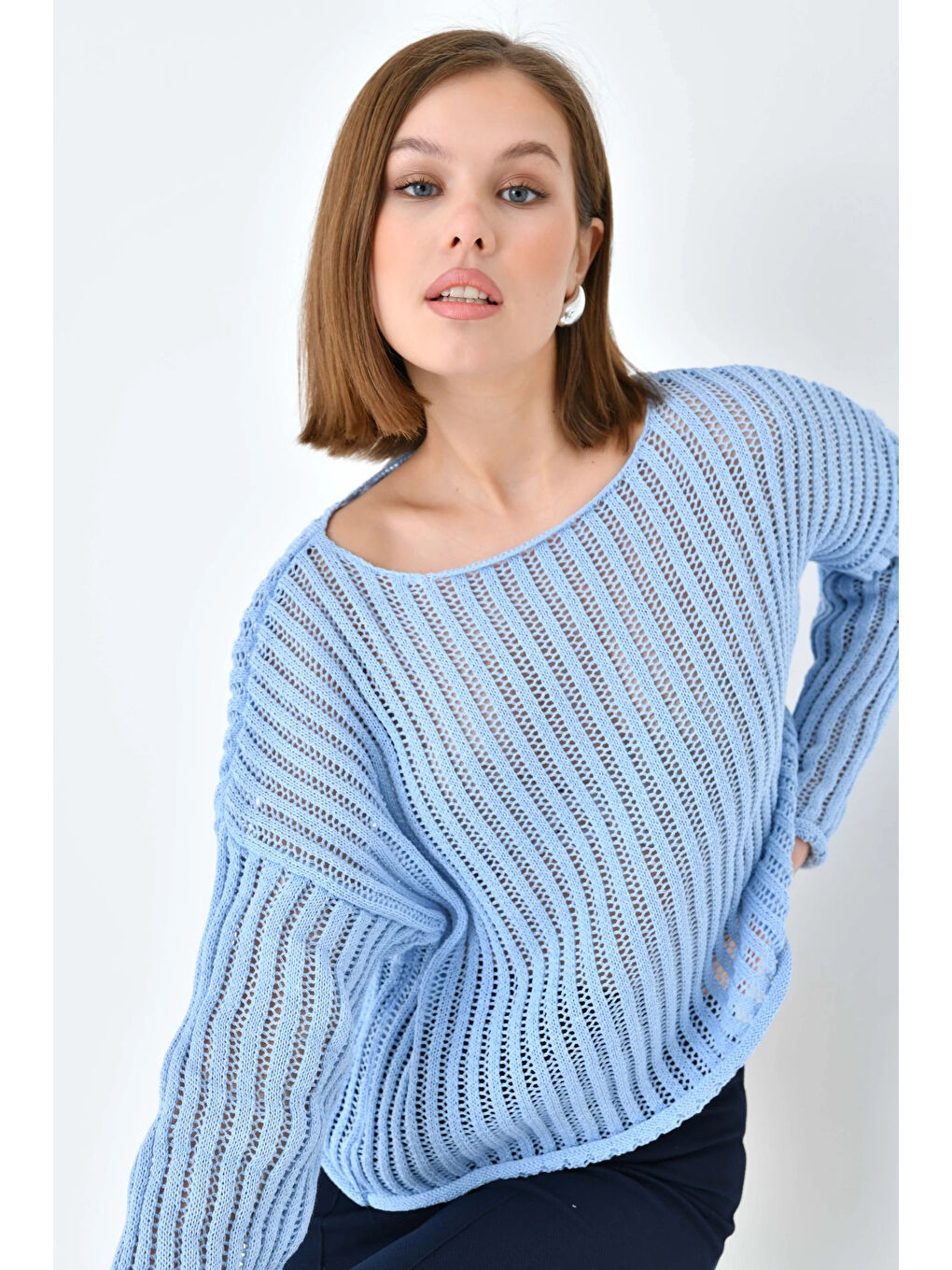 Mavi Kadın Geniş Yaka Örgü Detay Oversize Triko Kazak-2
