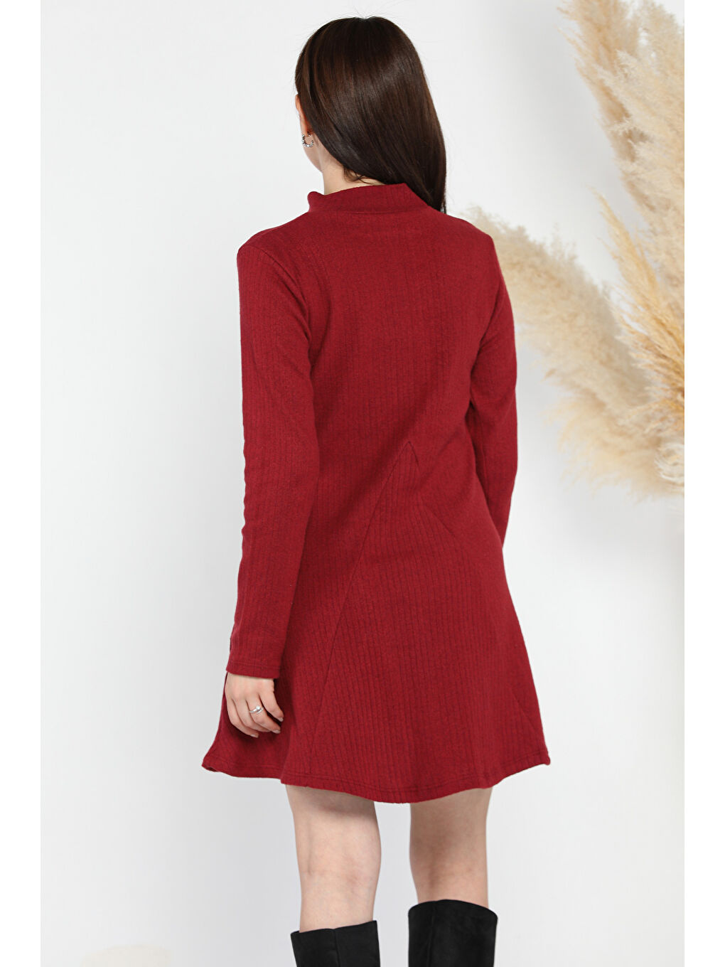 Bordo Yarım Balıkçı Yaka Kadın Fitilli Mini Elbise-3