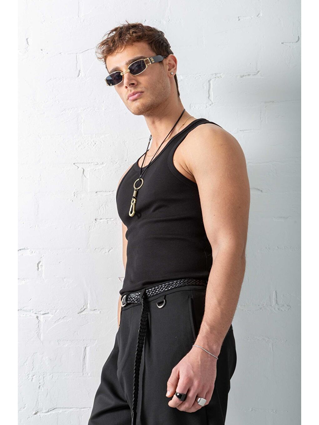 Erkek Fitilli Dar Kalıp Kolsuz Tişört Siyah-4