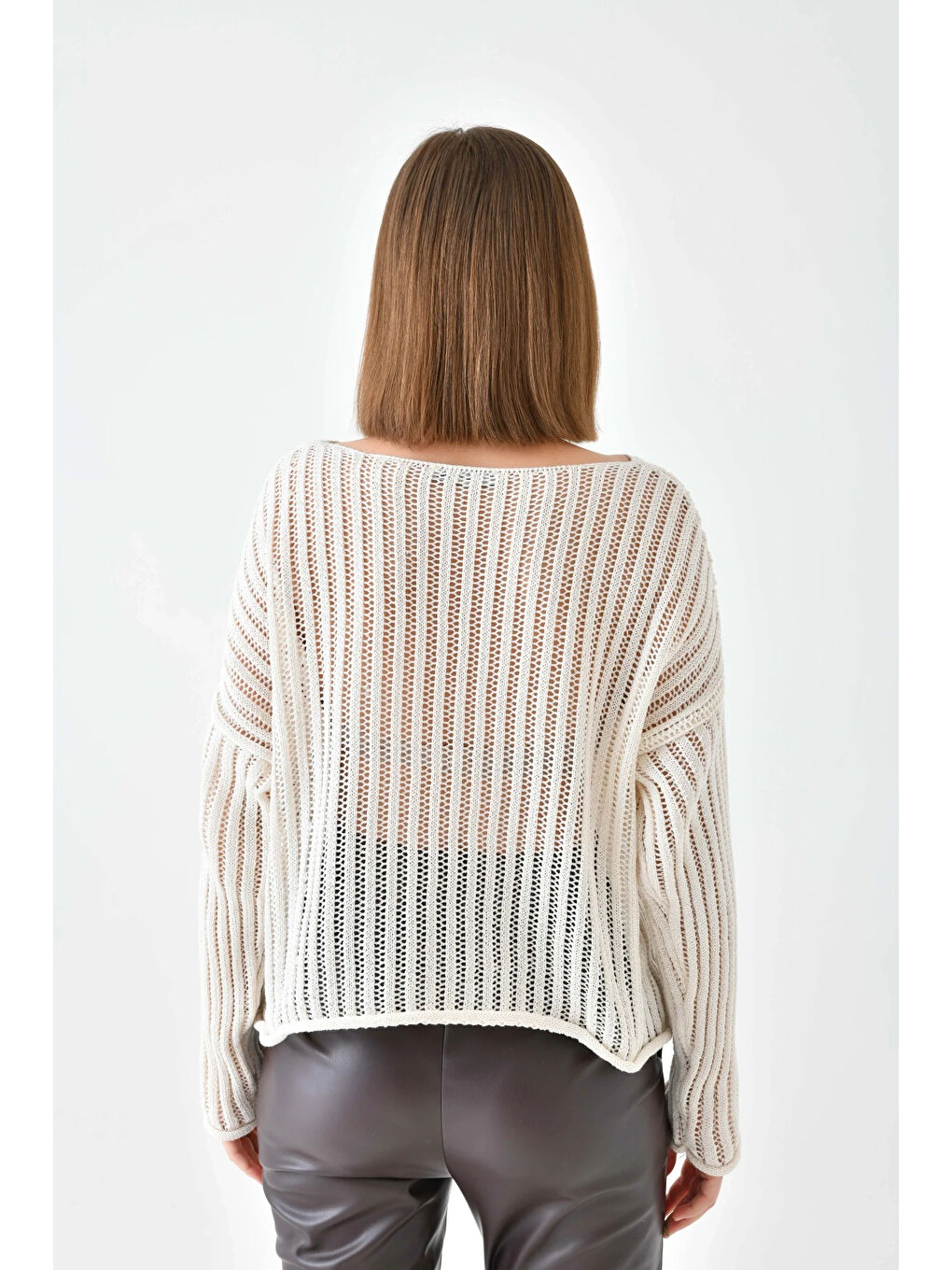 Bej Kadın Geniş Yaka Örgü Detay Oversize Triko Kazak-2