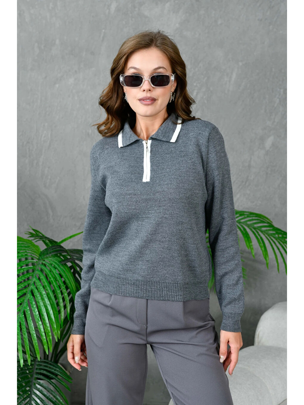 Antrasit Kadın Polo Yaka Yarım Pat Fermuar Kapama Basic Triko Kazak-1