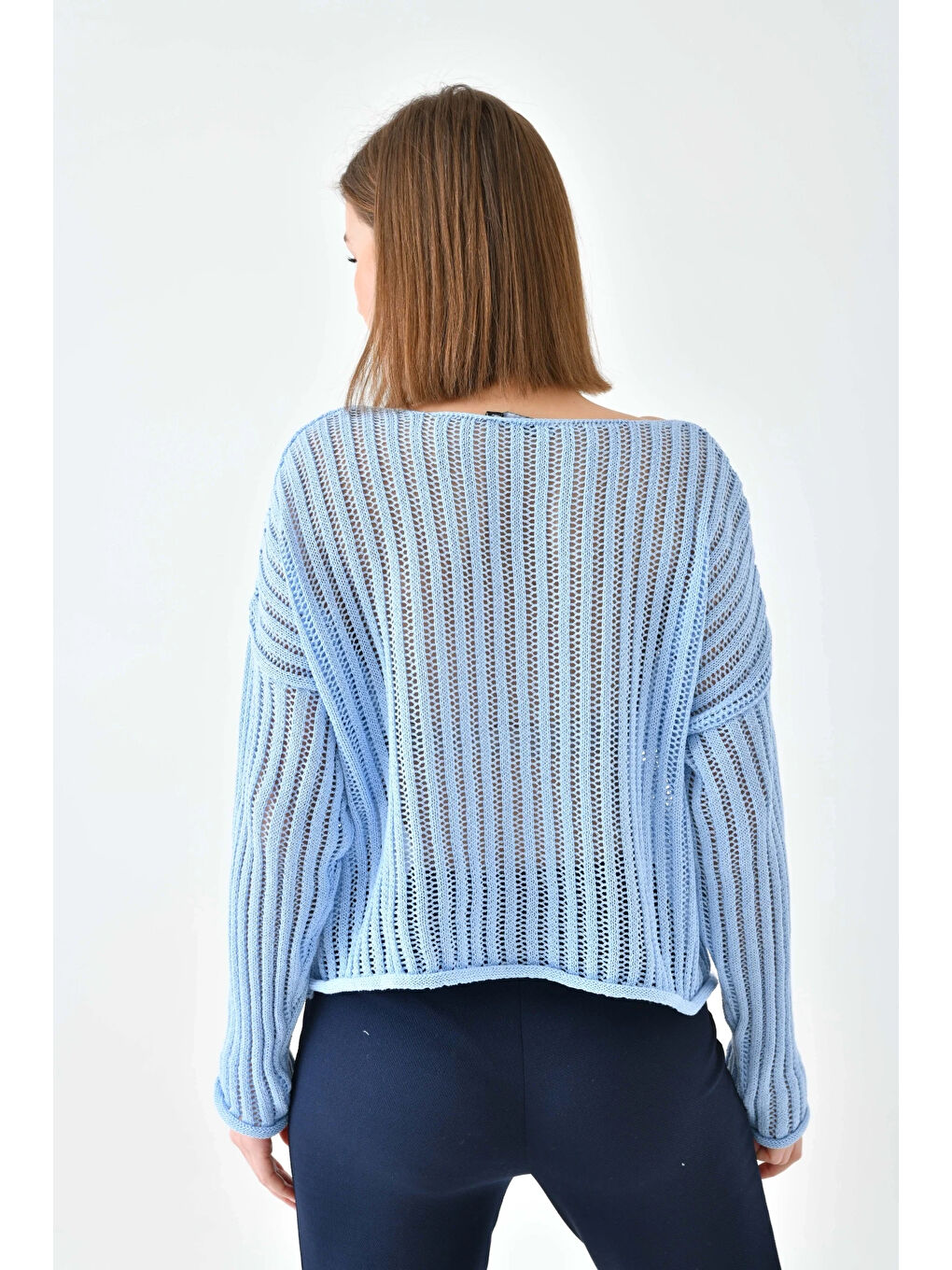 Mavi Kadın Geniş Yaka Örgü Detay Oversize Triko Kazak-3