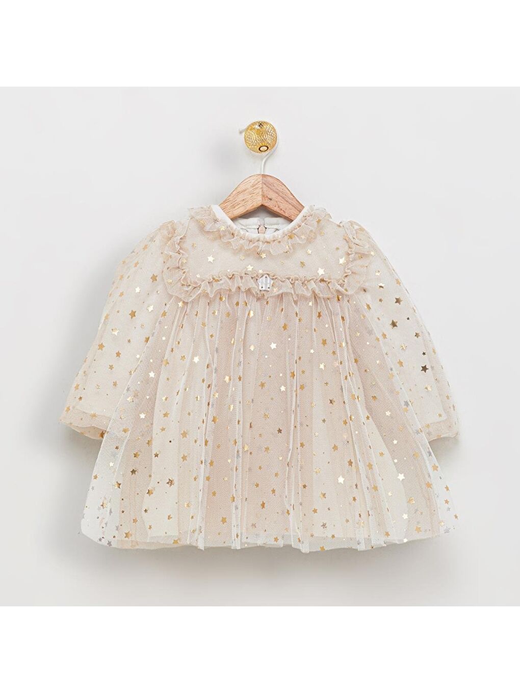 Karışık Kız Çocuk Pamuklu Bej Altın Yıldız Desenli Tül Elbise - Özel Davet Elbisesi