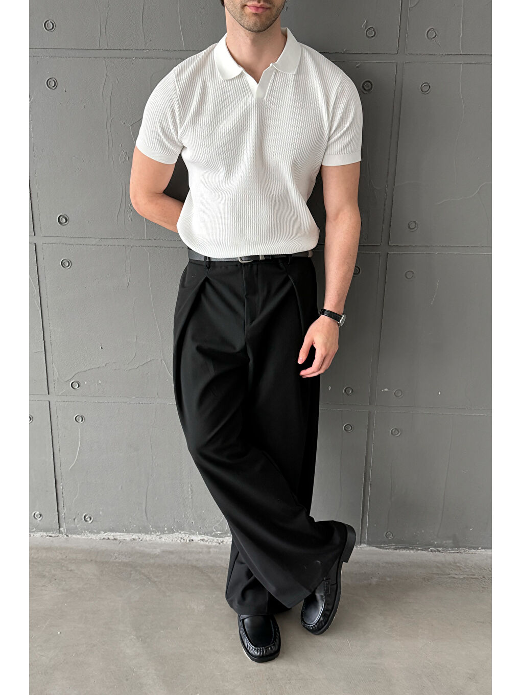 Beyaz Erkek Petek Desen Polo Yaka Triko T-shirt-9