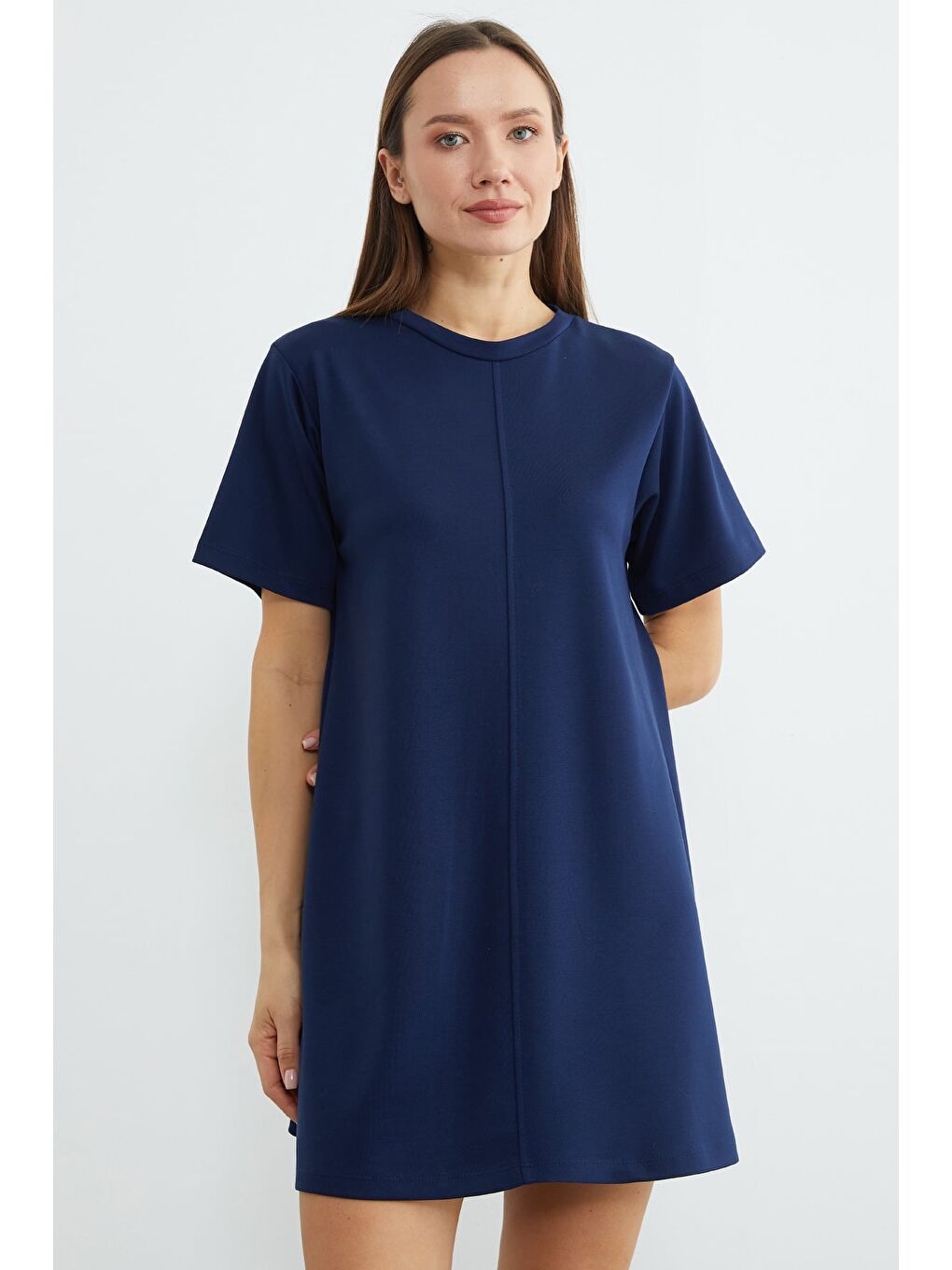 Lacivert Basic Çimalı Mini Boy Modal Elbise-1