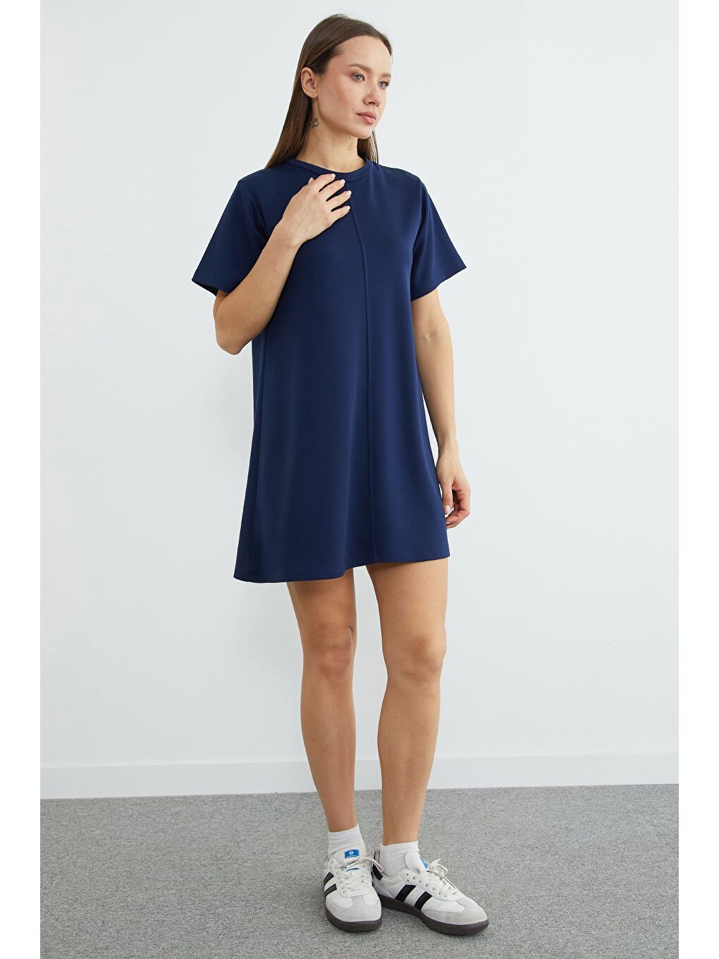 Lacivert Basic Çimalı Mini Boy Modal Elbise-3