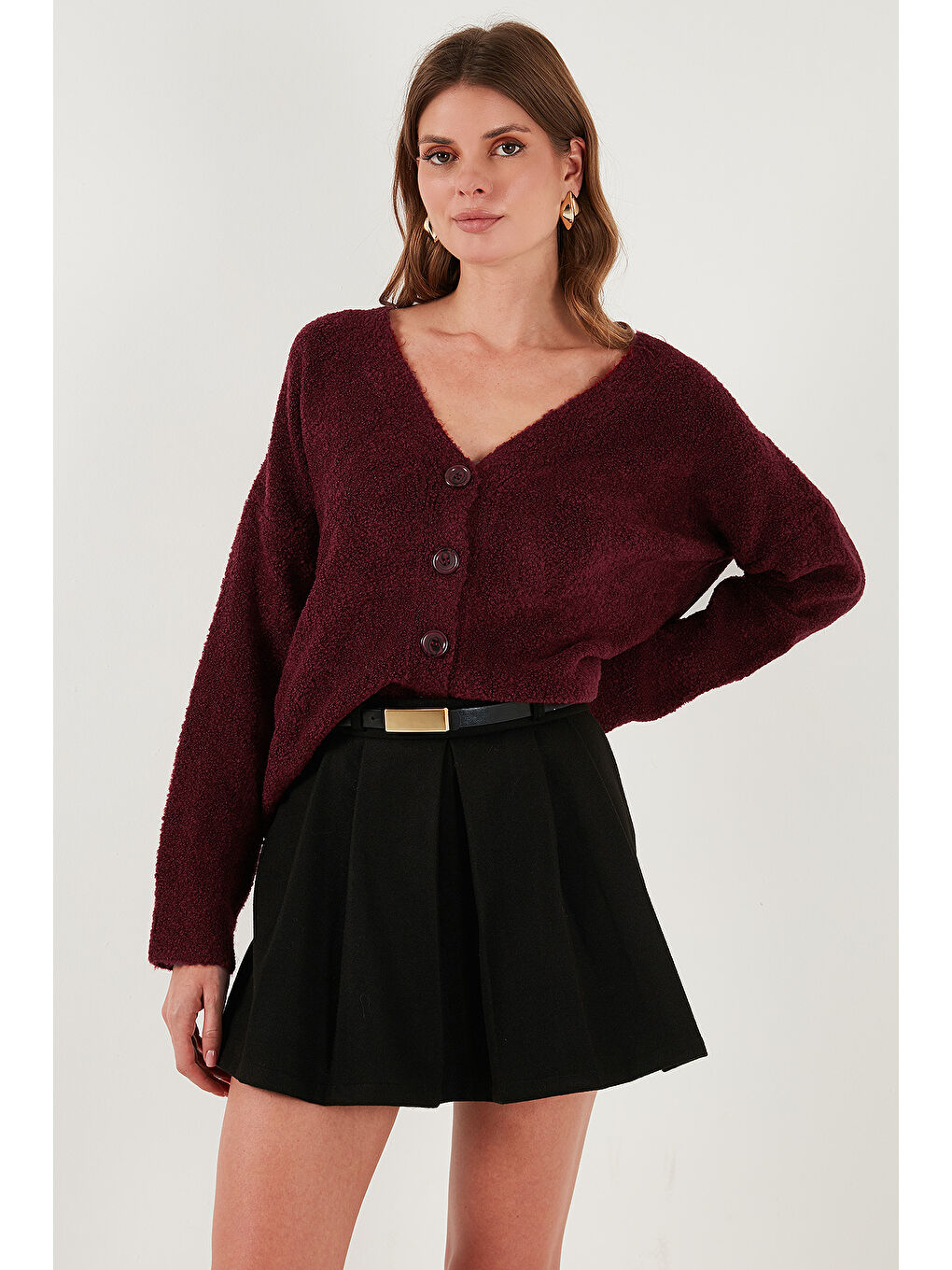 Bordo Oversize Fit Düğmeli V Yaka Uzun Kollu Kadın Triko Hırka 4616232