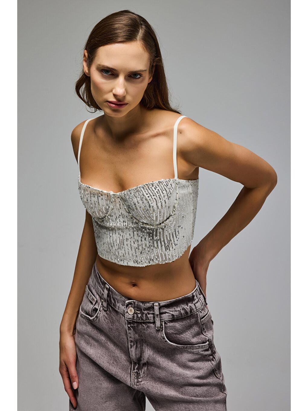 Kadın Ekru Silver Renk Pul Payet Detaylı Askılı Büstiyer-4