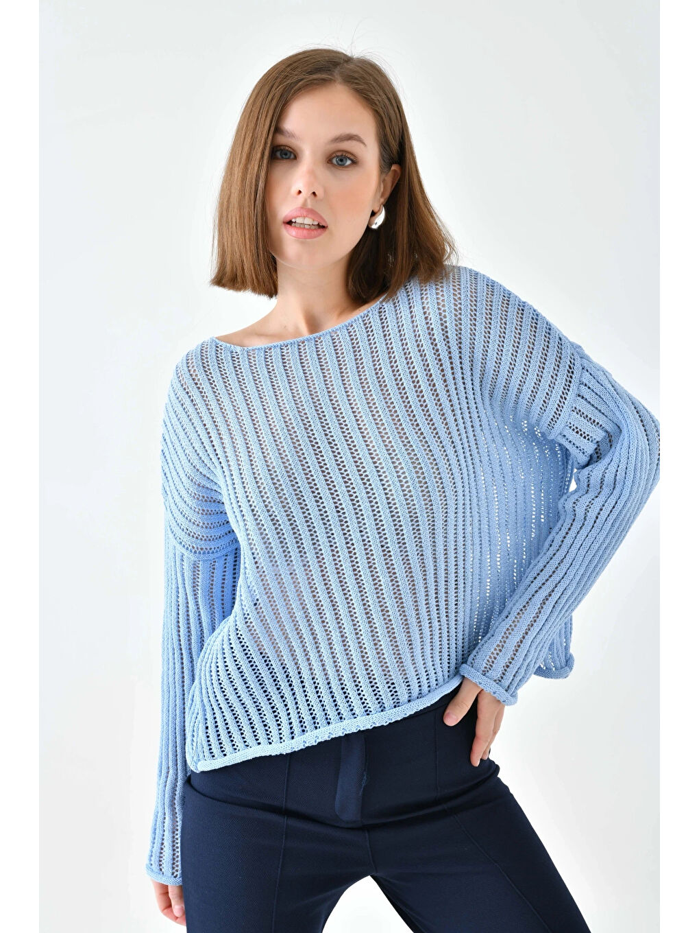 Mavi Kadın Geniş Yaka Örgü Detay Oversize Triko Kazak-4