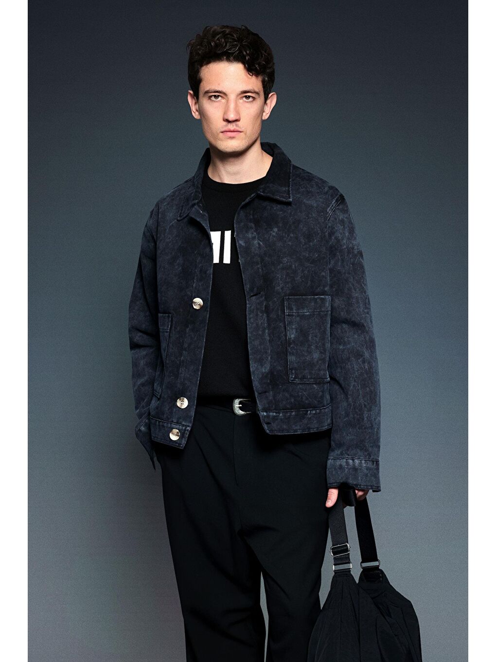 Erkek Boxy Fit Düğmeli Cepli Ceket Siyah-1