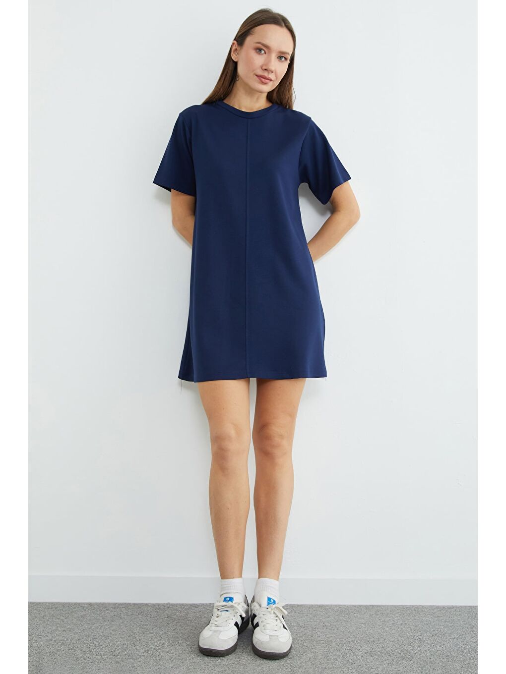 Lacivert Basic Çimalı Mini Boy Modal Elbise-4