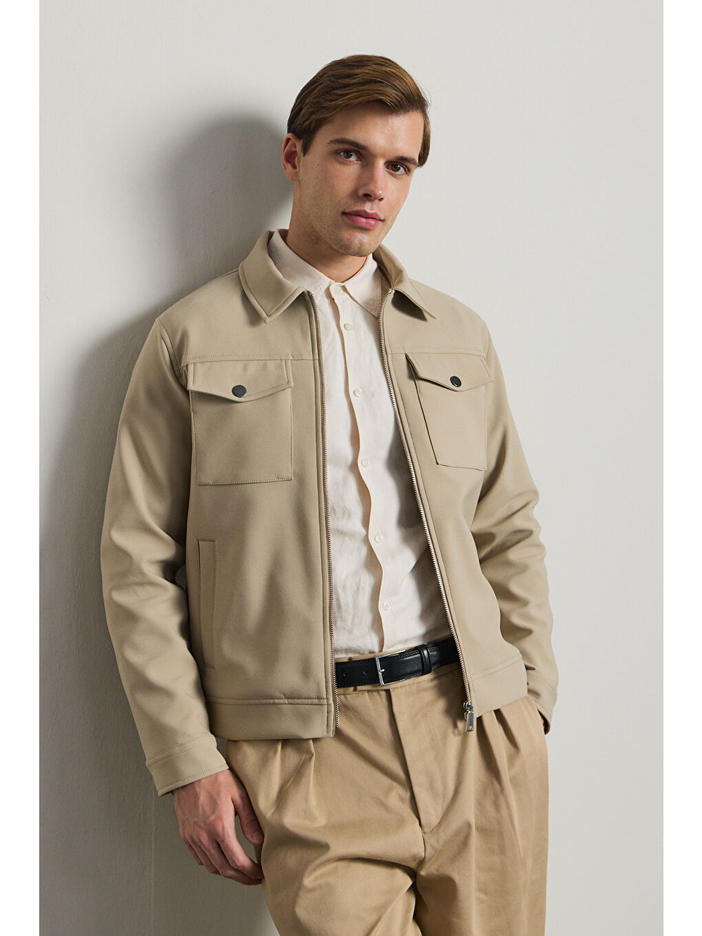 Erkek Standart Kalıp Gömlek Yaka Ceket Bej-1