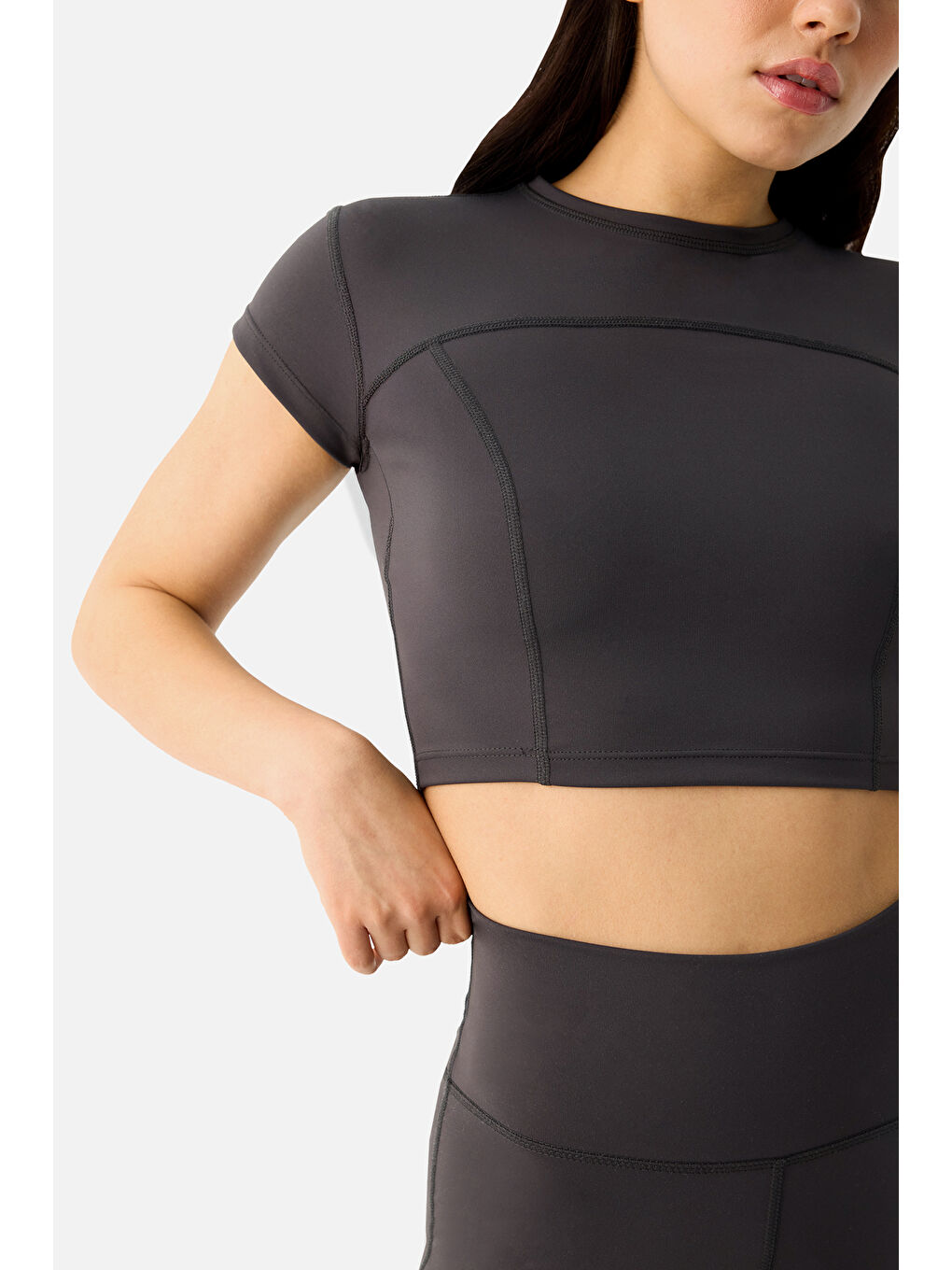Gri Liora Yumuşak Kumaş Füme Crop Top-4