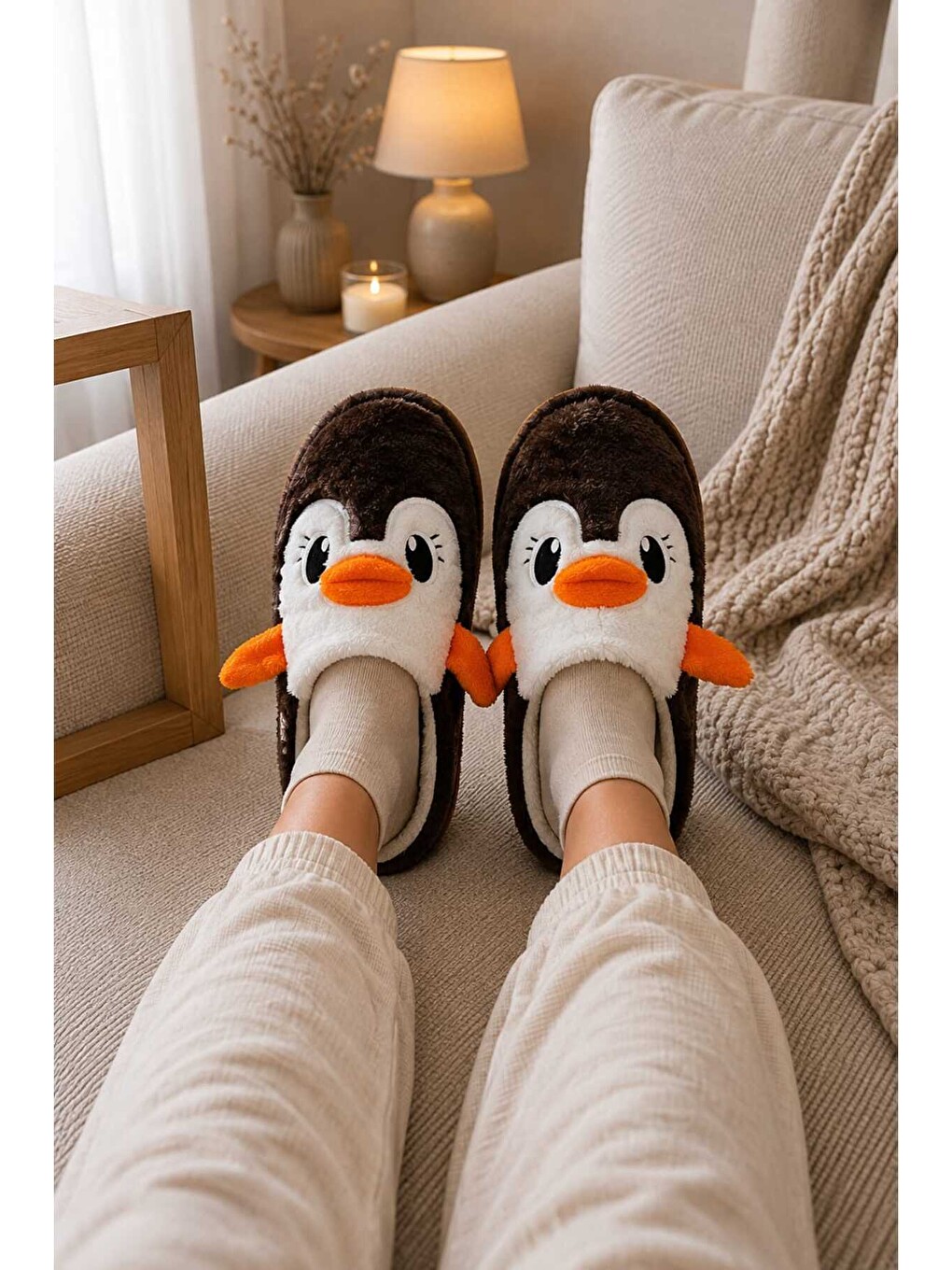 Kahverengi Kadın Pelüş Penguen Figürlü Ev Terliği Sıcak Tutan Kışlık Panduf Terlik