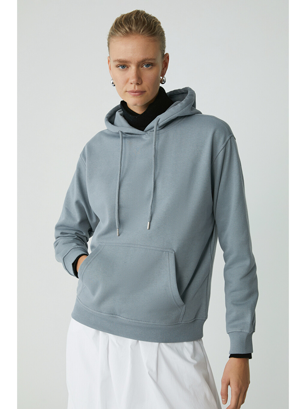 Abelıa Kadın Pamuklu Içi Polarlı Yumuşacık Kalın Kumaşlı Kapüşonlu Örme Comfort Mavi Sweatshirt