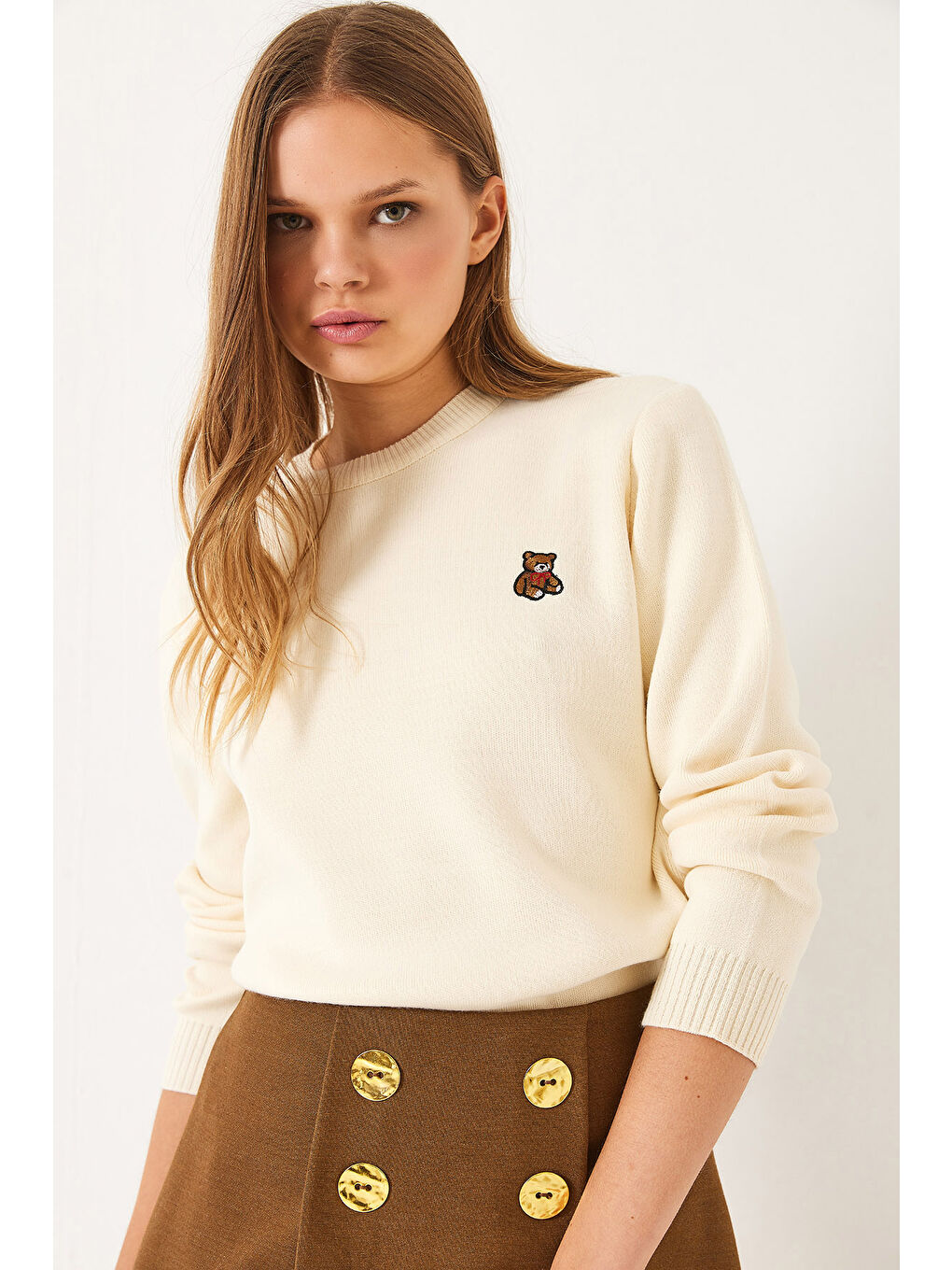 Ekru KadınTeddy Nakışlı Basic Kazak-1