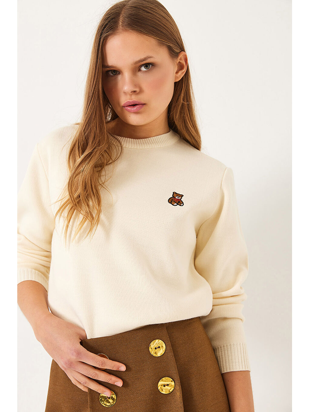 Ekru KadınTeddy Nakışlı Basic Kazak-2