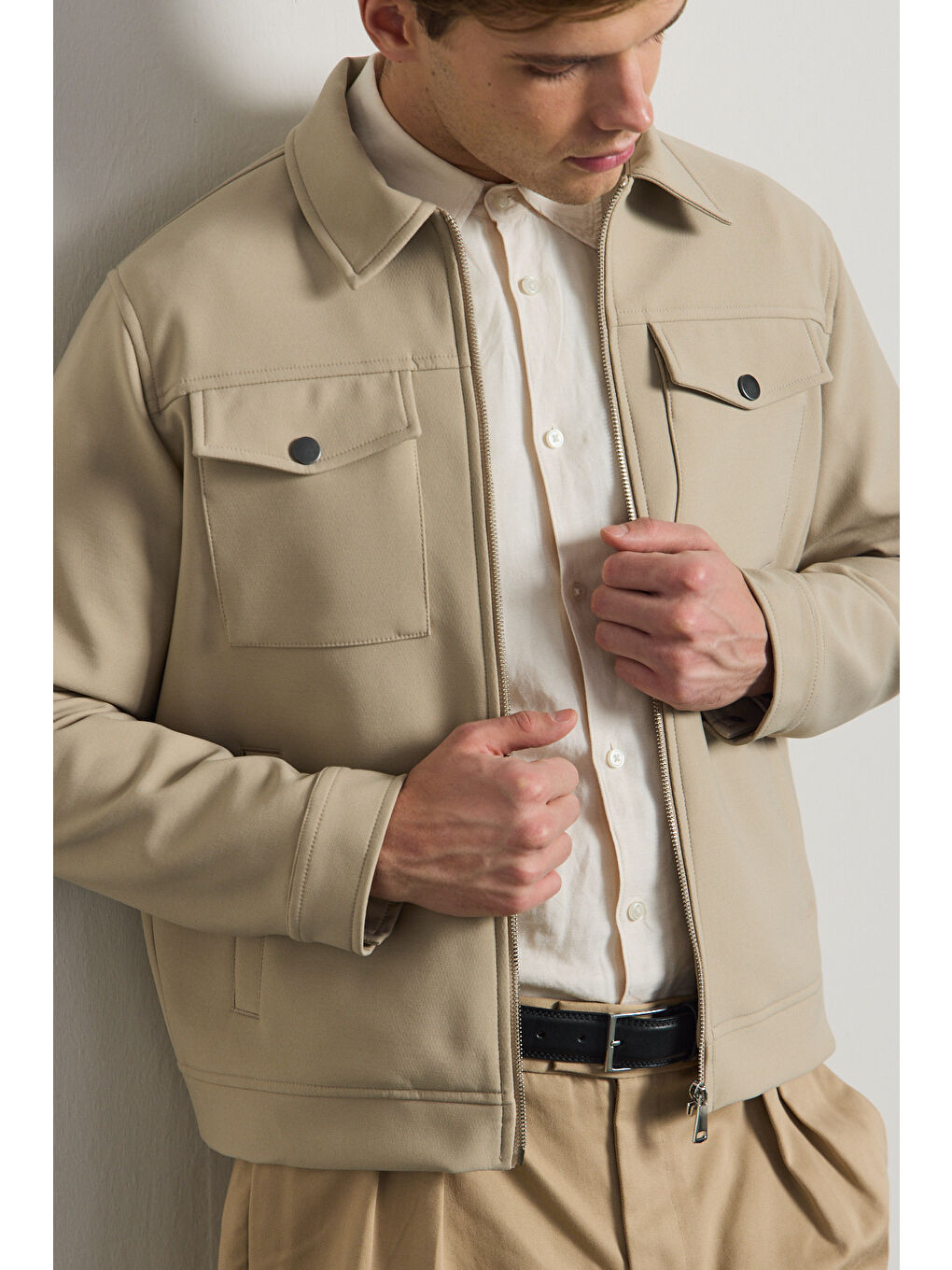 Erkek Standart Kalıp Gömlek Yaka Ceket Bej-2