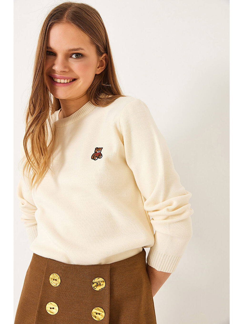 Ekru KadınTeddy Nakışlı Basic Kazak-3