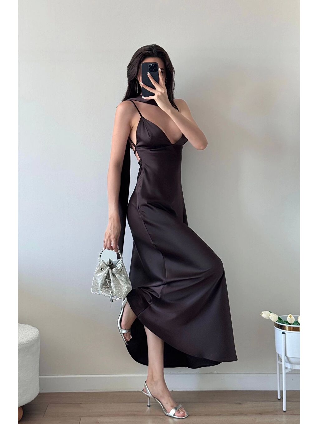 Kahverengi Kadın Kahve Askılı Uzun Elbise 1041-3263