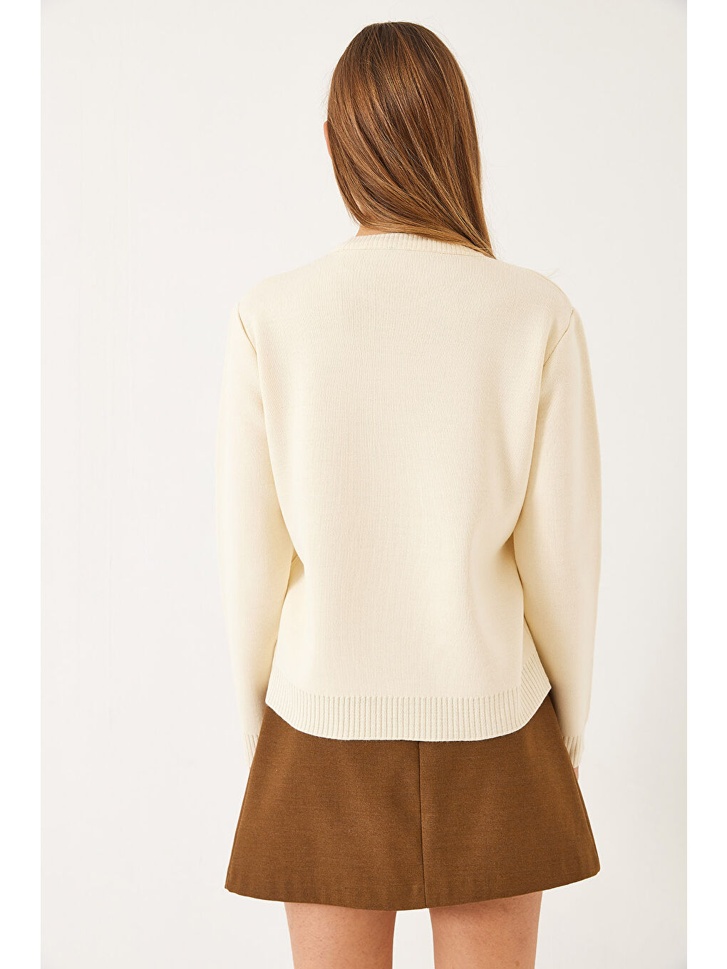 Ekru KadınTeddy Nakışlı Basic Kazak-4