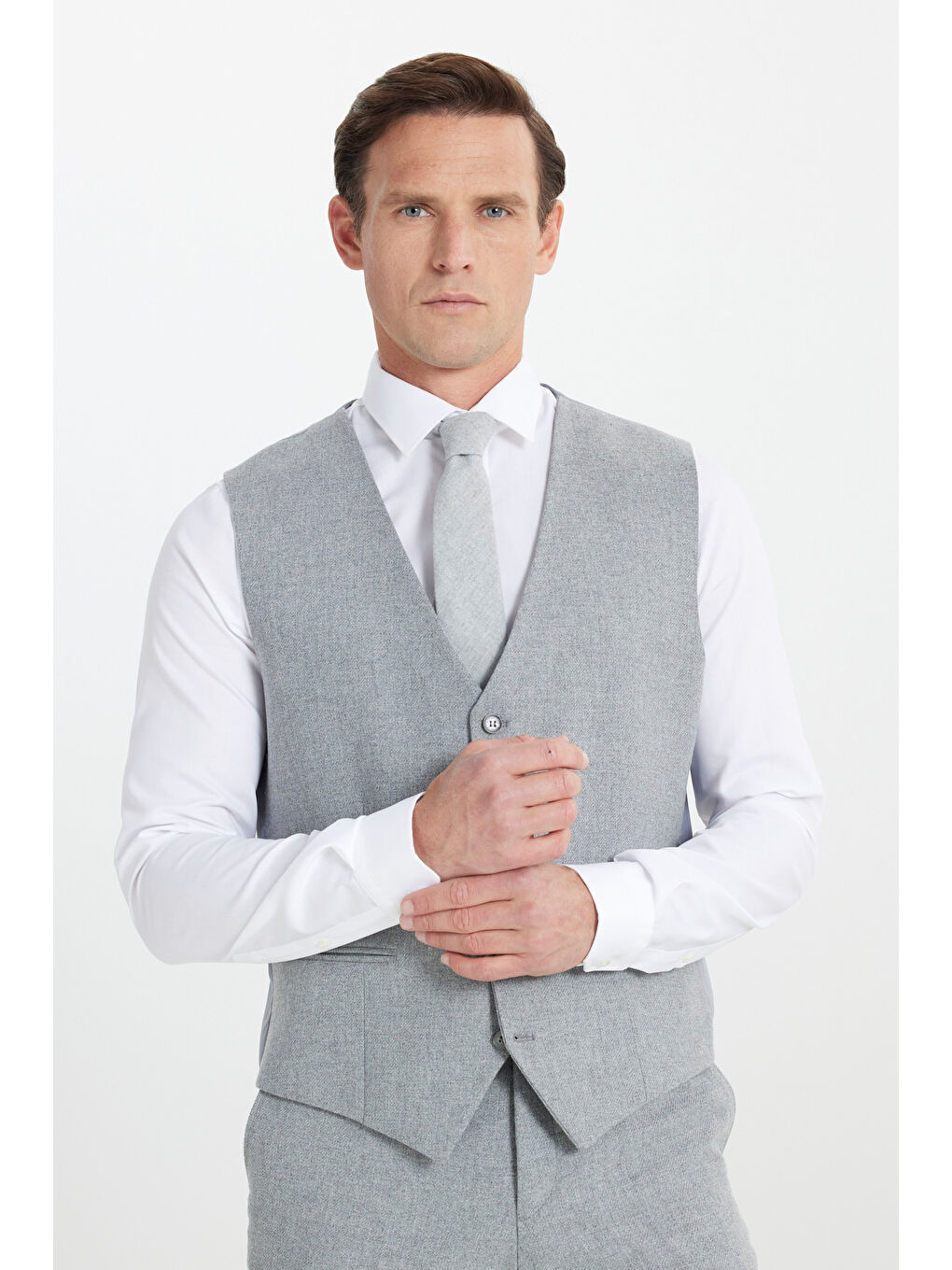 Erkek Gri Yünlü Slim Fit Dar Kesim Mono Yaka Diagonal Desenli Kapak Cepli Yelekli Takım Elbise-2