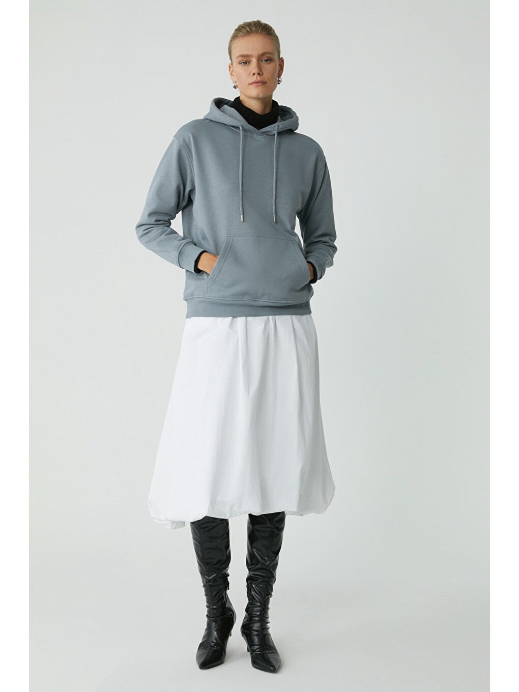 Abelıa Kadın Pamuklu Içi Polarlı Yumuşacık Kalın Kumaşlı Kapüşonlu Örme Comfort Mavi Sweatshirt-1