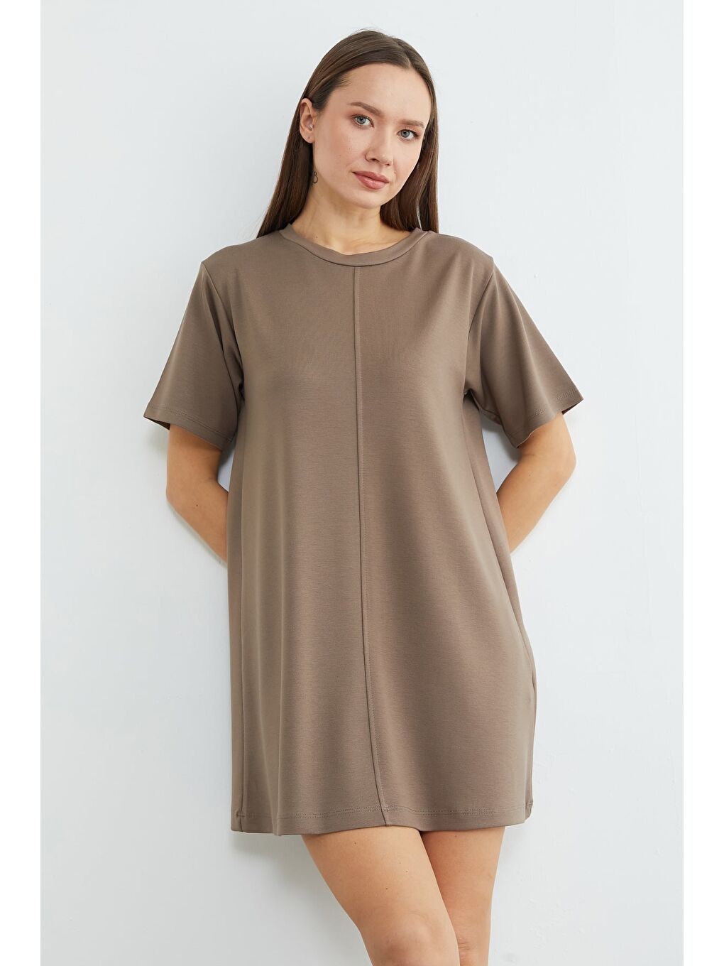 Bej Basic Çimalı Mini Boy Modal Elbise