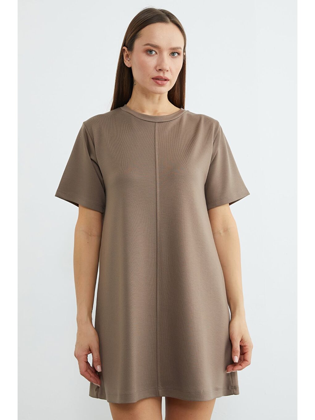 Bej Basic Çimalı Mini Boy Modal Elbise-1