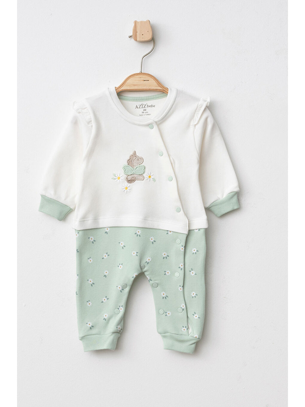 Yeşil Kız Bebek Çıtçıtlı Çiçek Desenli At Nakışlı Tulum 0 Ay - 6 Ay