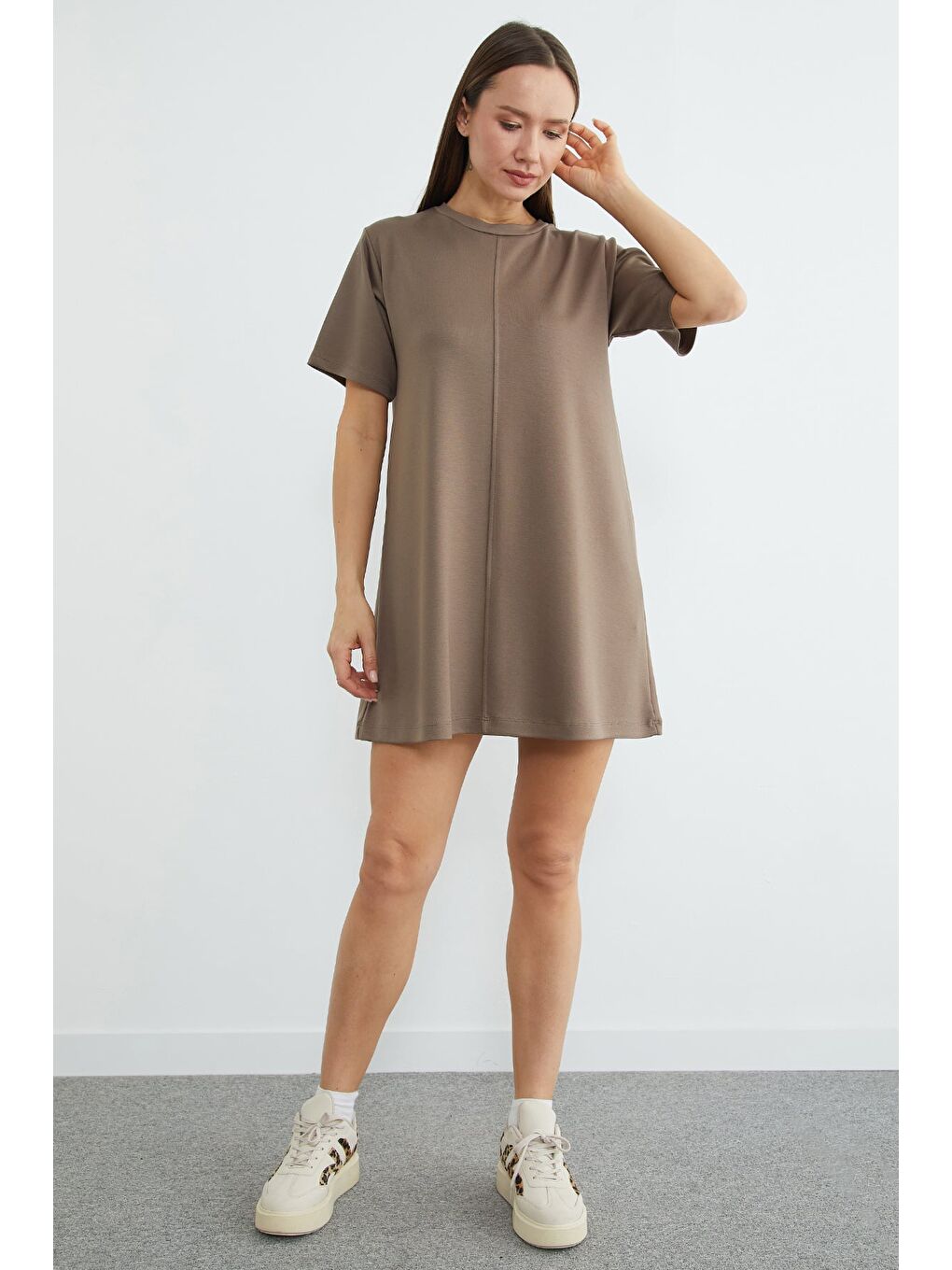 Bej Basic Çimalı Mini Boy Modal Elbise-2