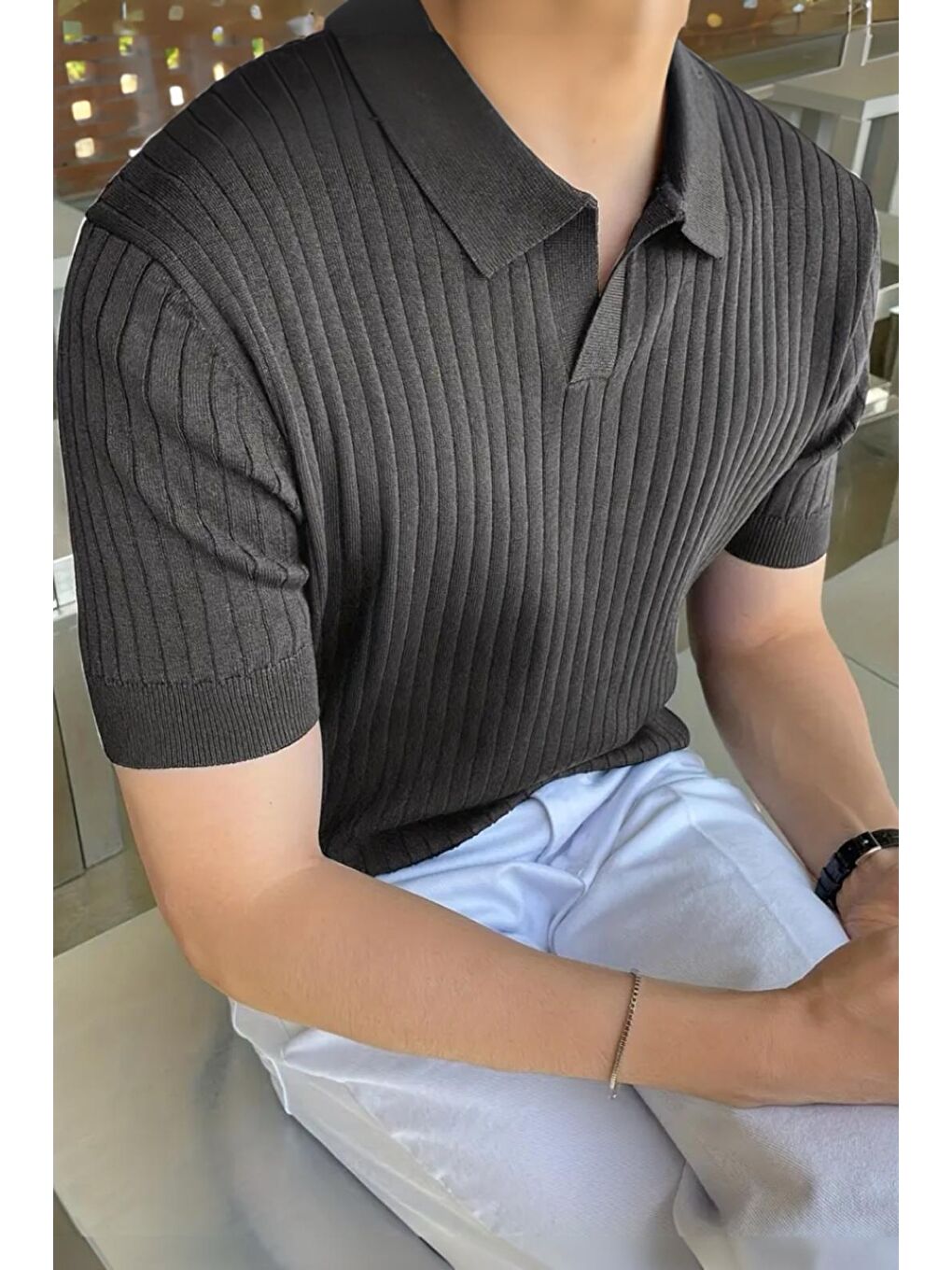 Gri Lorens Çizgili Elastanlı Slim Fit Polo Yaka Örme Erkek Triko Tişört