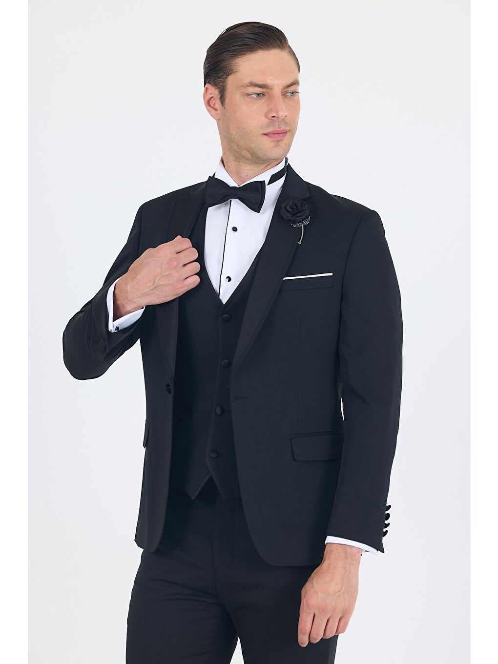 Siyah Mono Yaka Tek Düğme Slim Fit Yelekli Ceremony Takım Elbise 1001250201