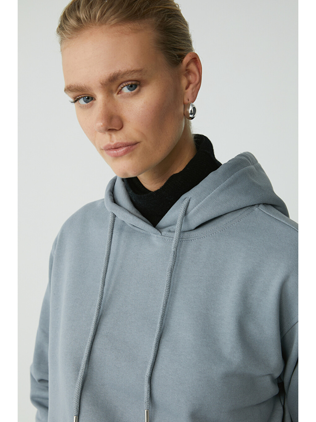 Abelıa Kadın Pamuklu Içi Polarlı Yumuşacık Kalın Kumaşlı Kapüşonlu Örme Comfort Mavi Sweatshirt-2
