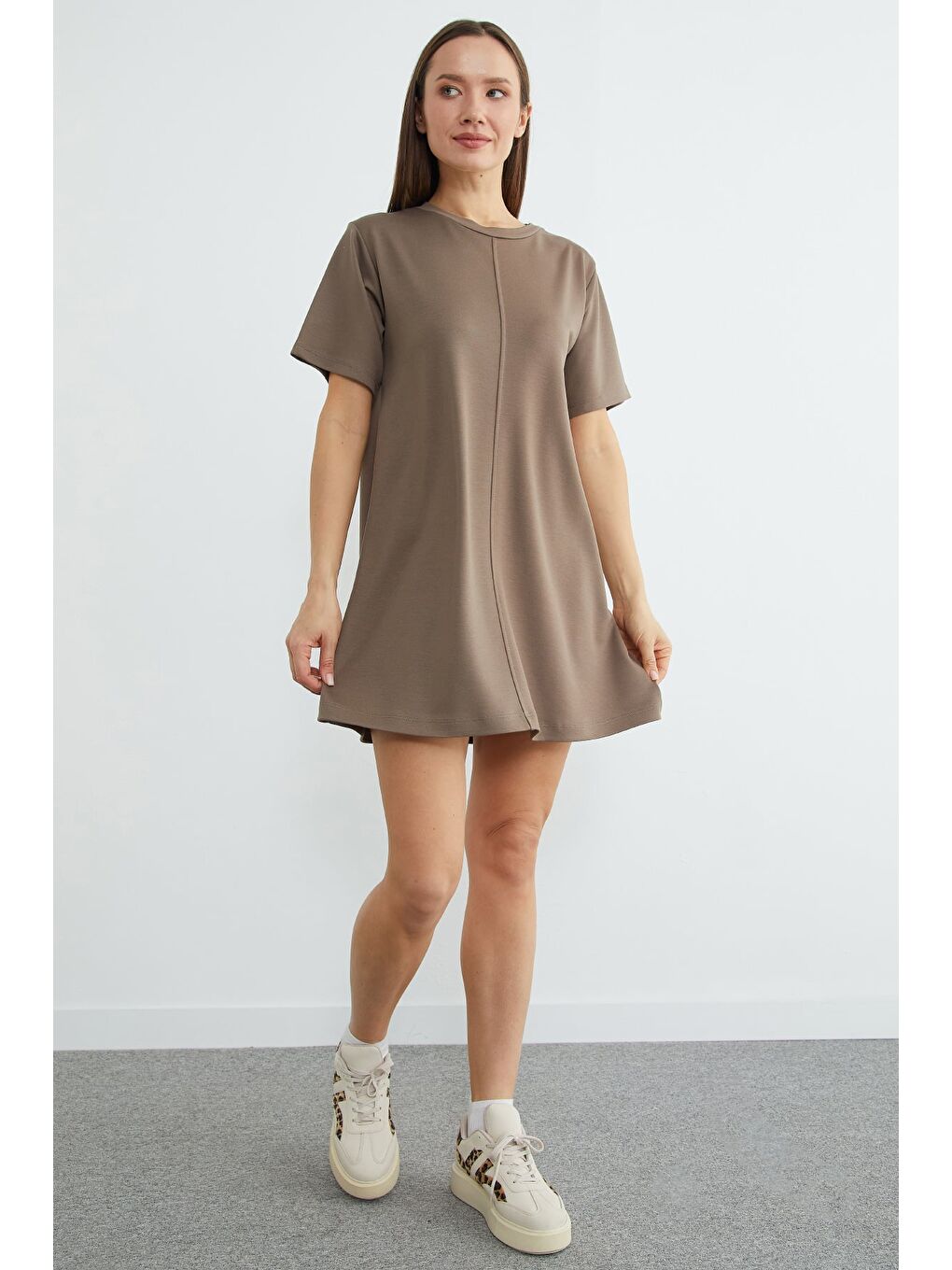 Bej Basic Çimalı Mini Boy Modal Elbise-4